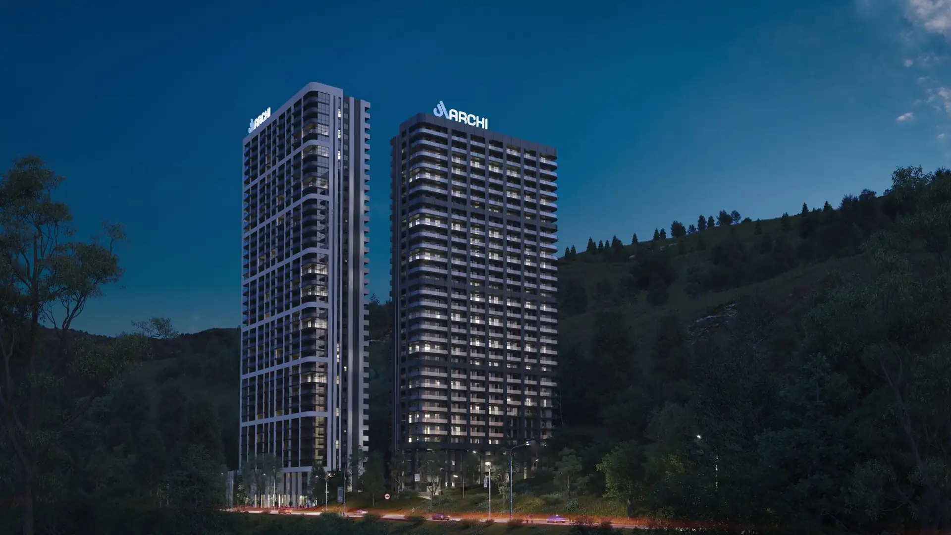 Archi Horizon — the towers at night on the river