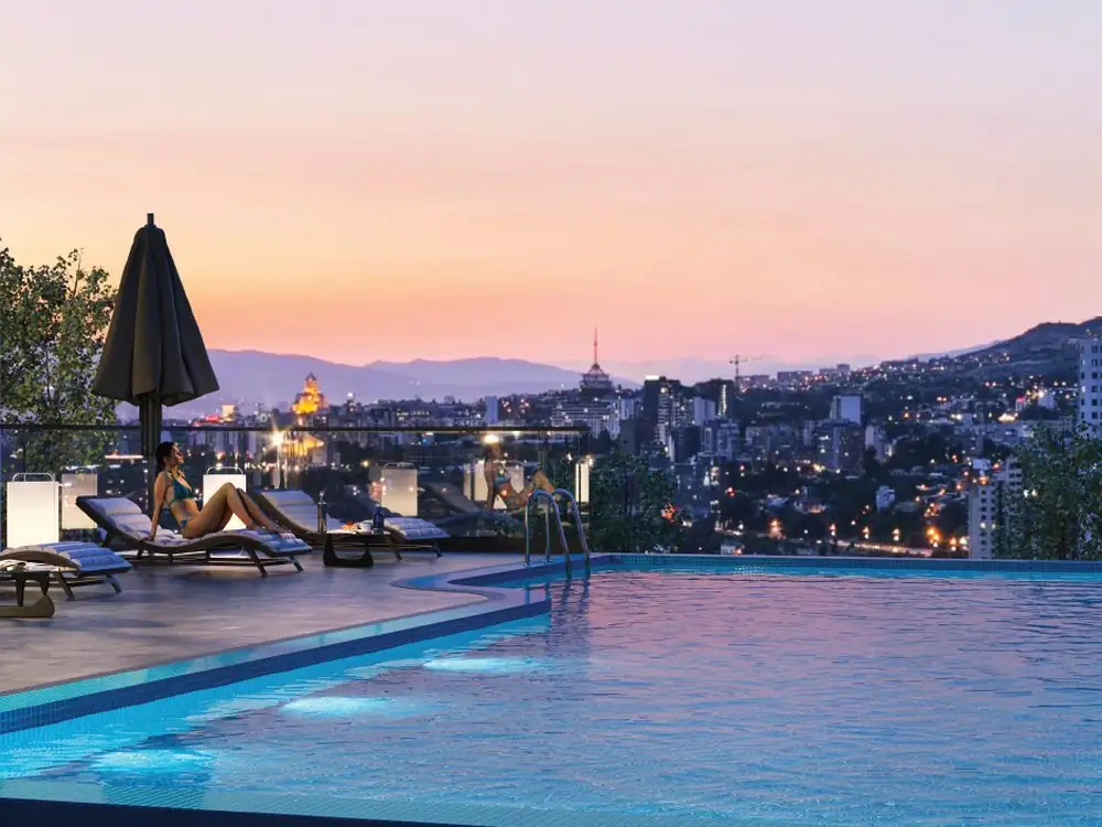 Rooftop pool and skyline